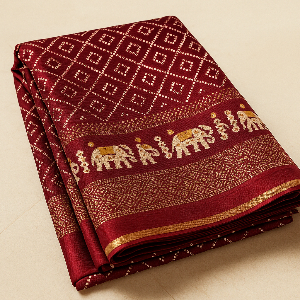 Deep Maroon Bandhani Elephant Border Saree