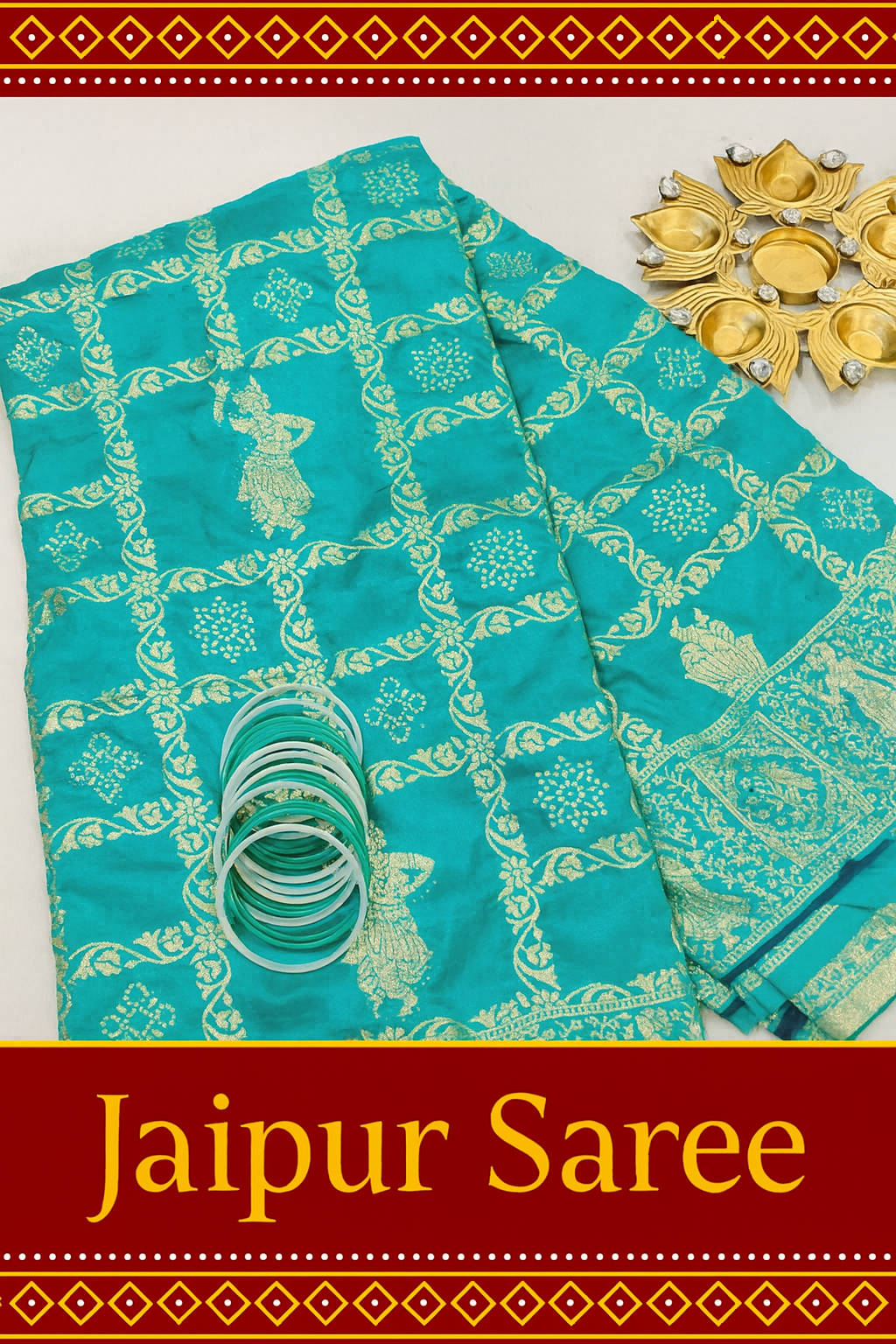 Elegant Teal Jaipur Saree with Golden Dancing Motifs