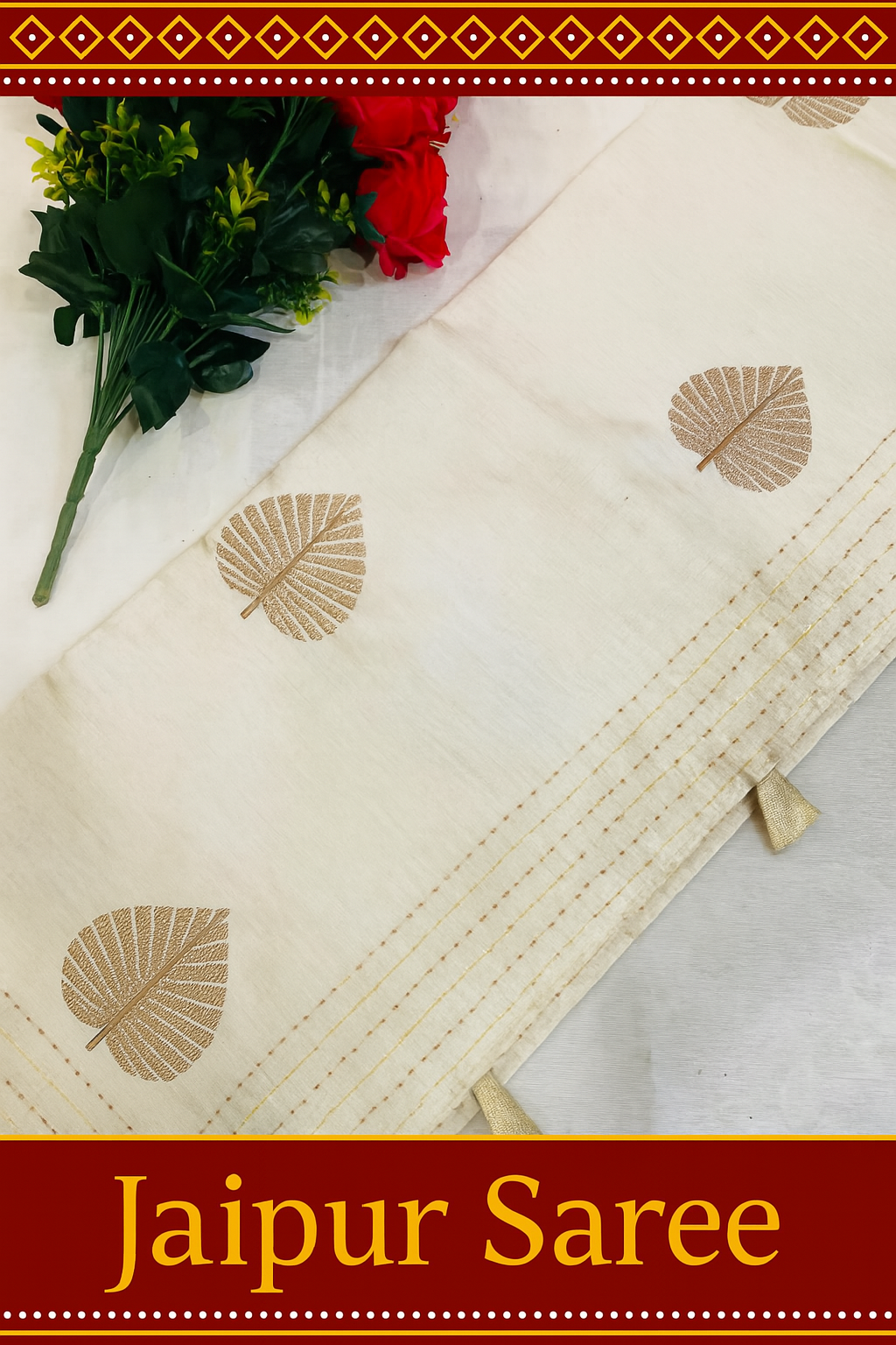 Elegant Off-White Jaipur Saree with Golden Leaf Motifs