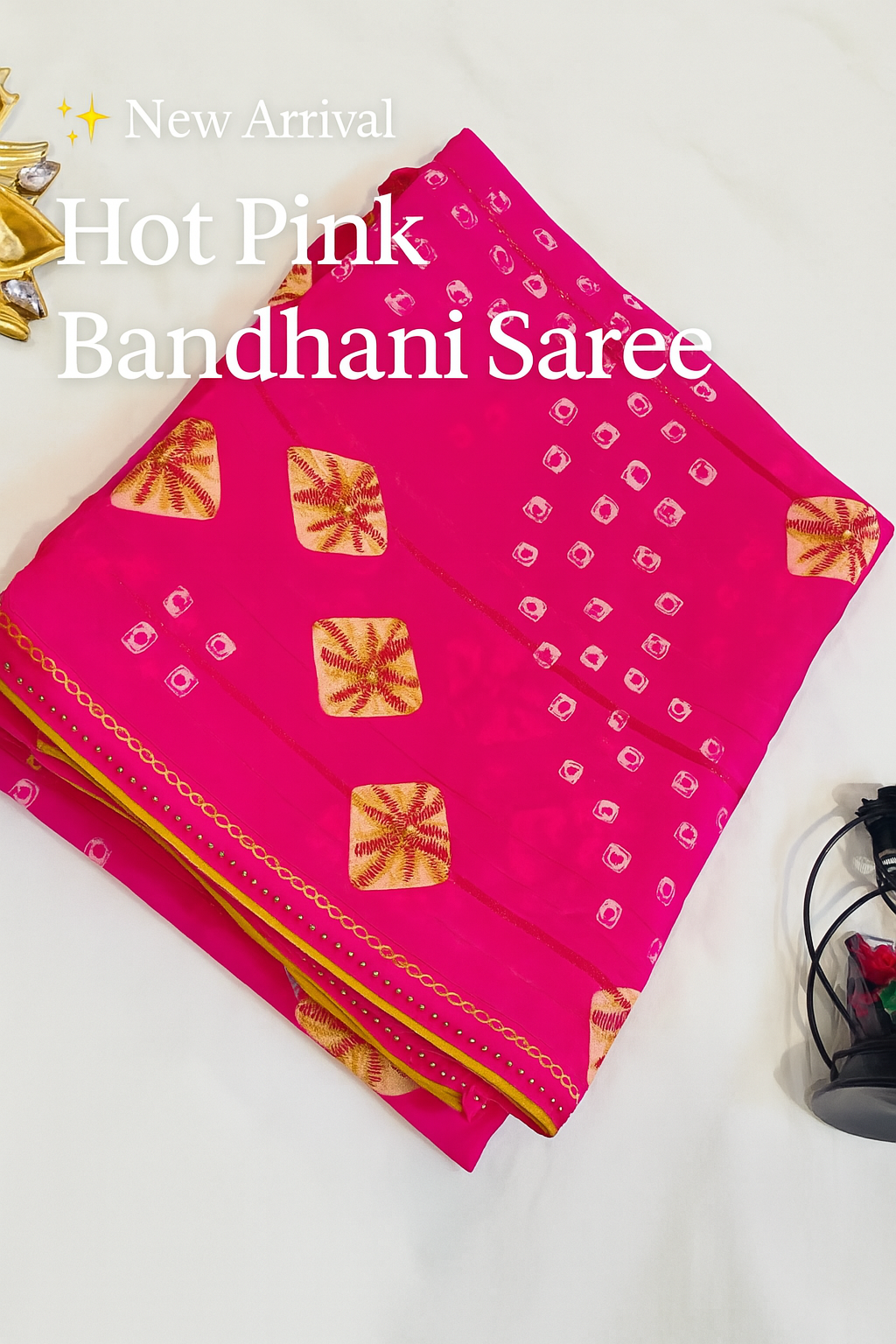 Hot Pink Bandhani Saree with Yellow Mirror Motifs & Gota Border