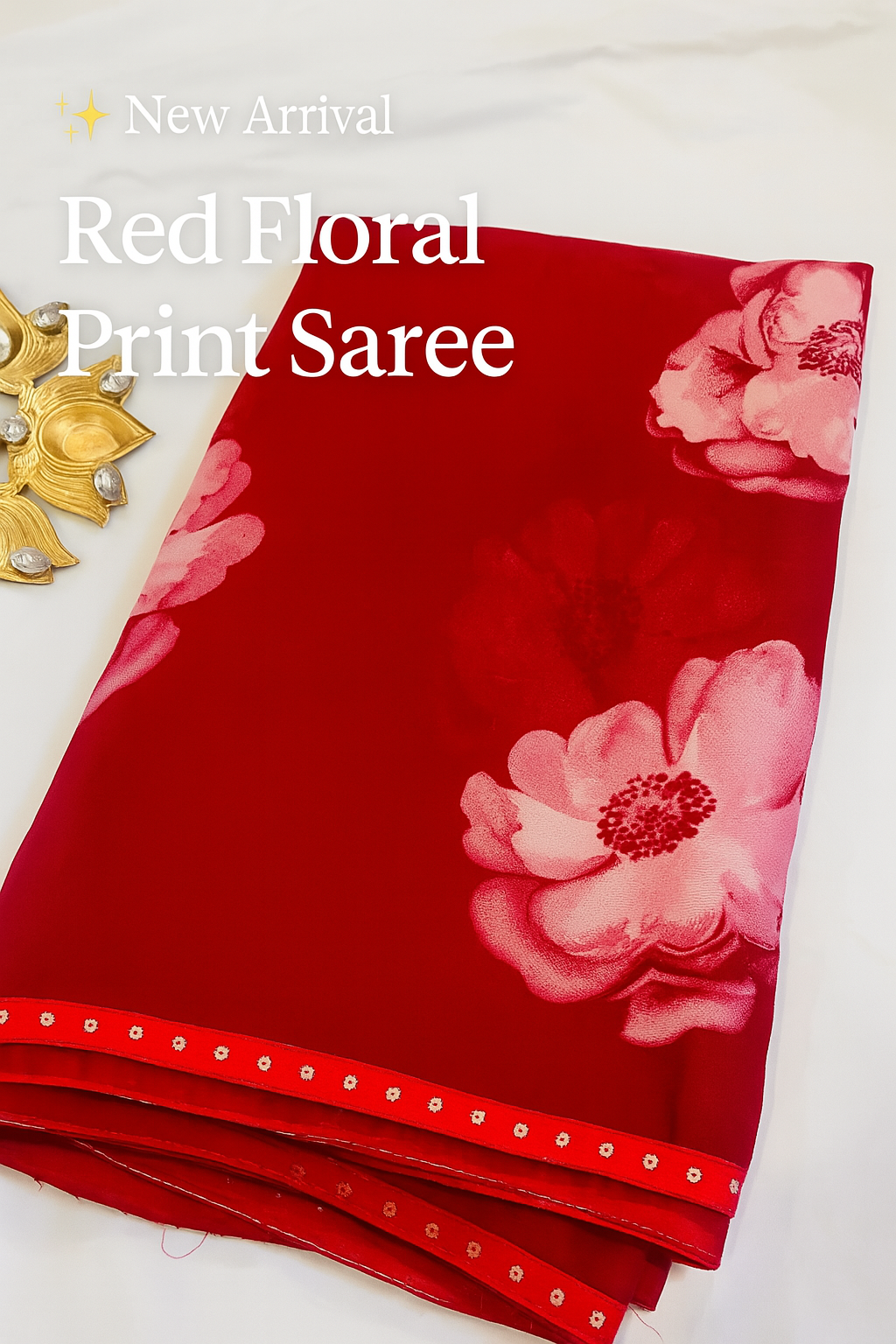 Crimson Red Floral Print Saree with Soft Satin Finish