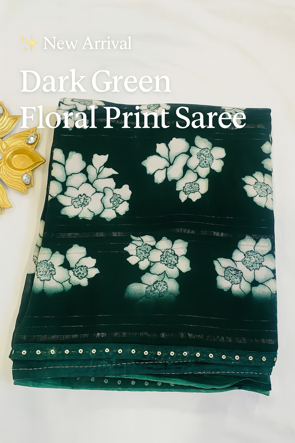 Dark Green Floral Print Saree with Mirror Border Detailing