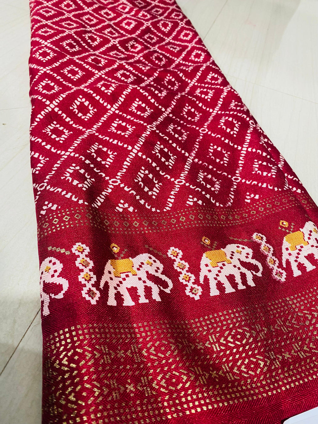 Deep Maroon Bandhani Elephant Border Saree