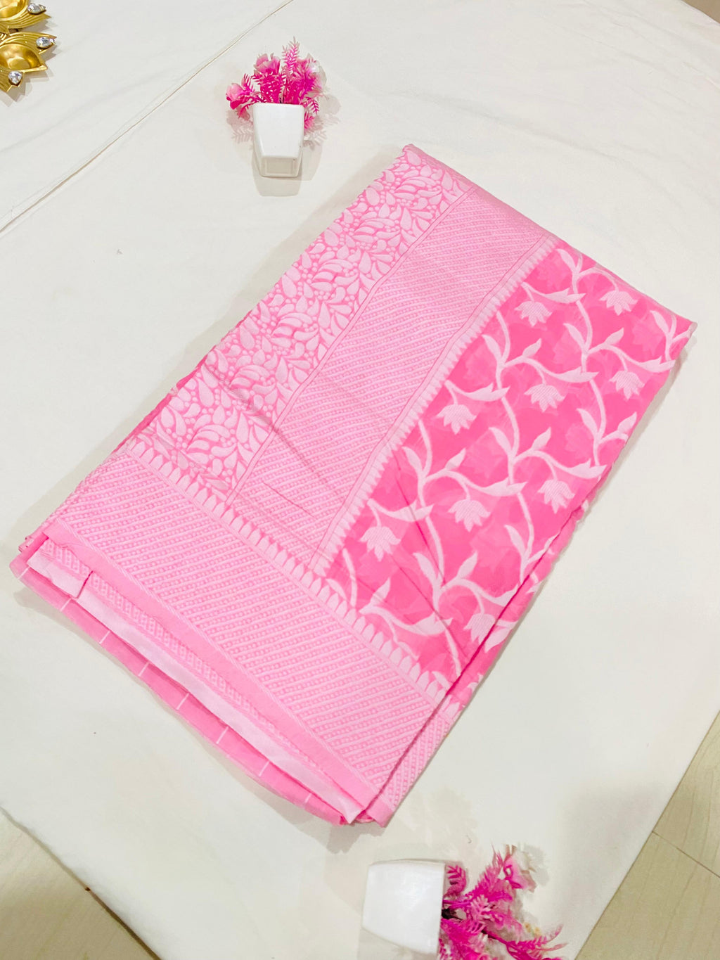 Elegant Pink Floral Chanderi Cotton Saree