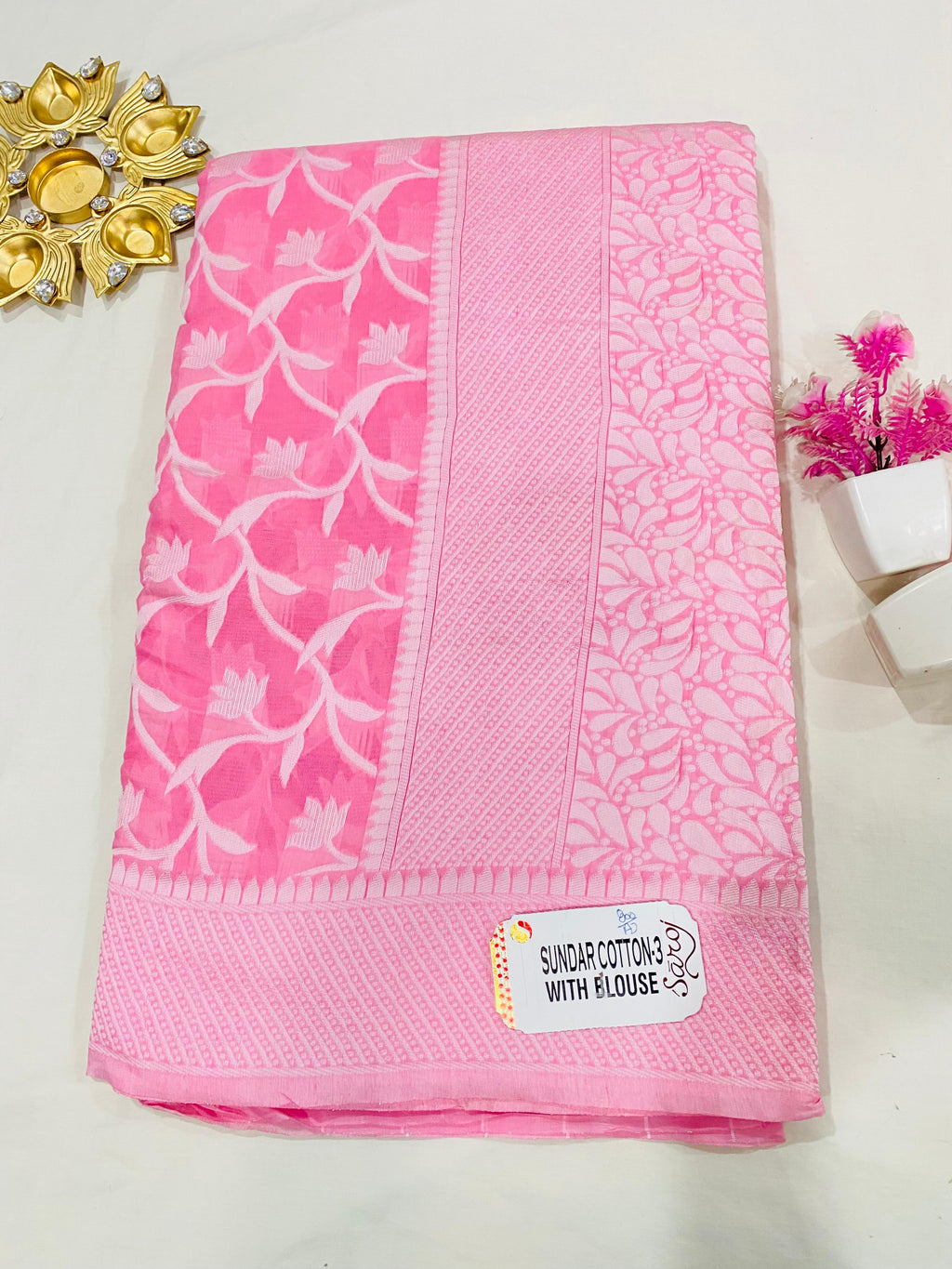 Elegant Pink Floral Chanderi Cotton Saree