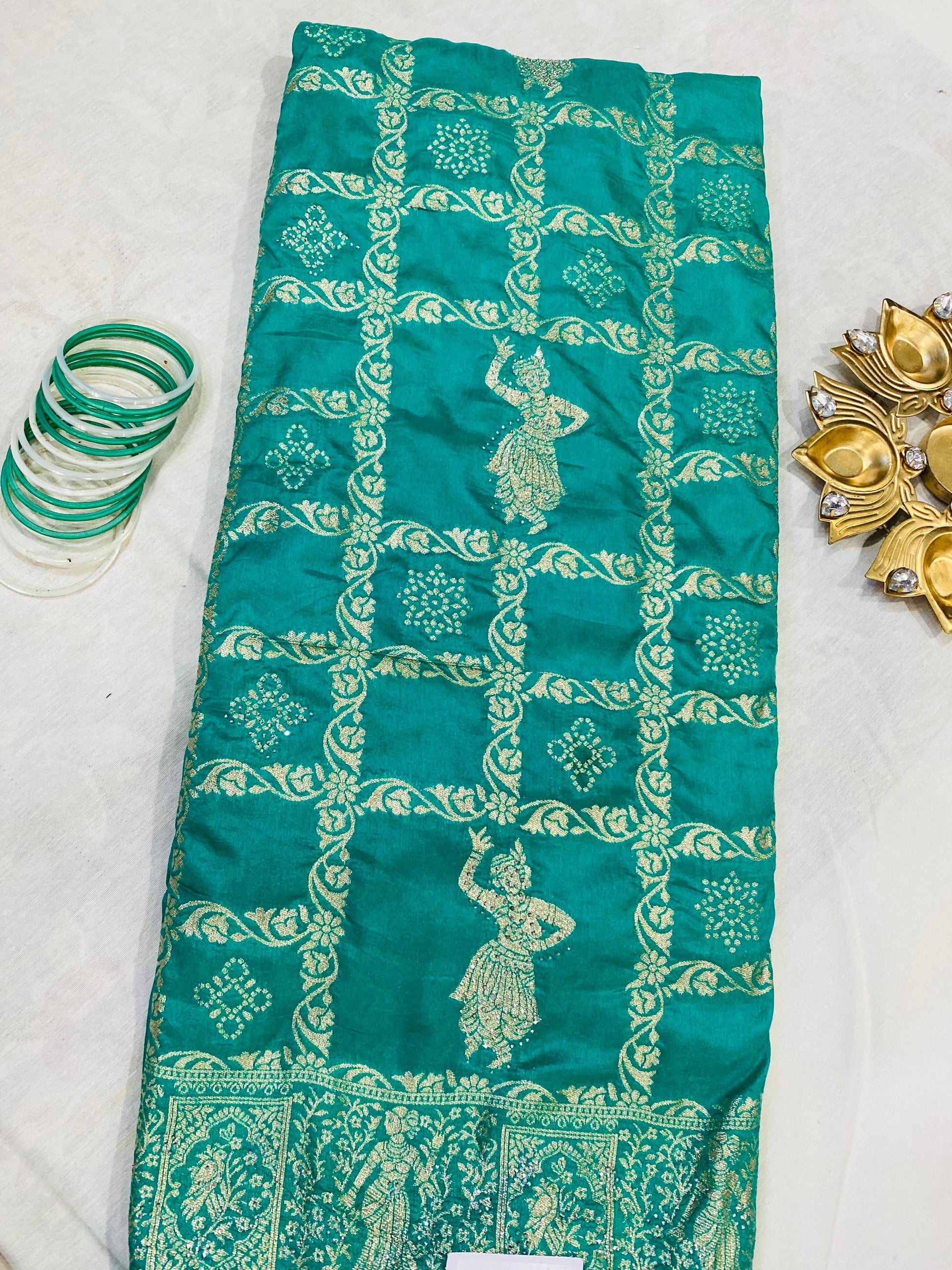 Elegant Teal Jaipur Saree with Golden Dancing Motifs
