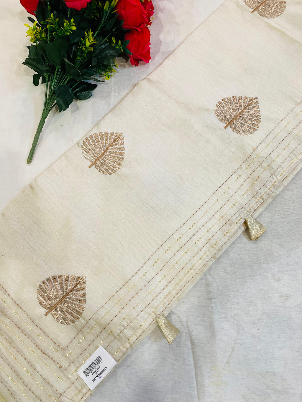 Elegant Off-White Jaipur Saree with Golden Leaf Motifs