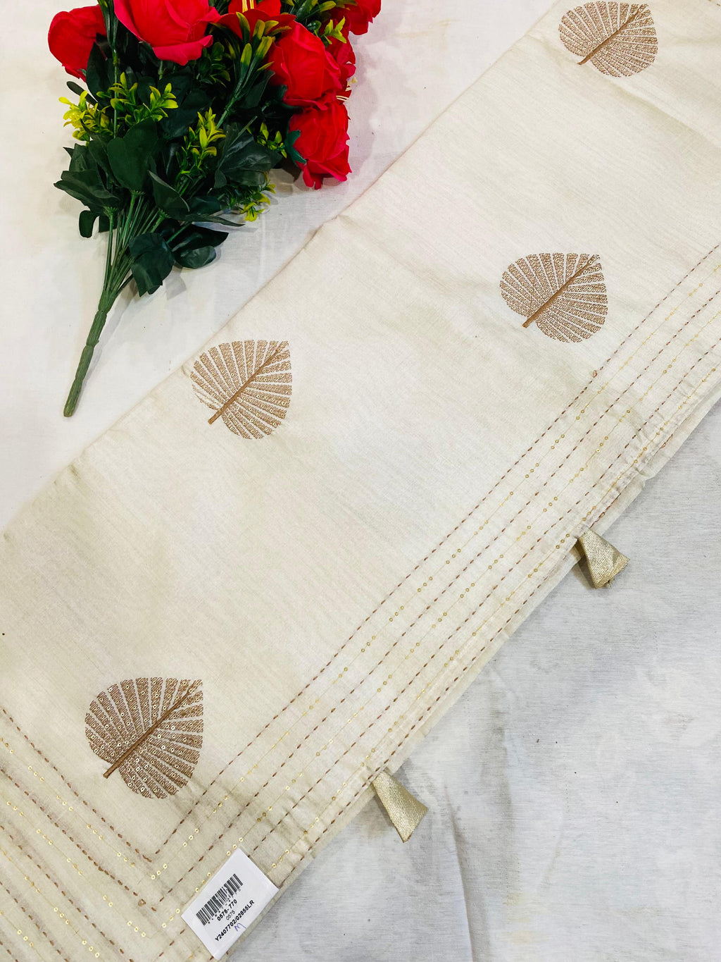 Elegant Off-White Jaipur Saree with Golden Leaf Motifs