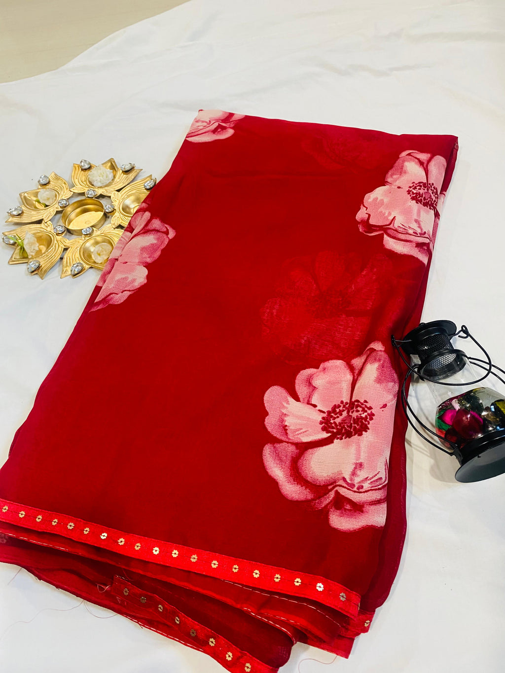 Crimson Red Floral Print Saree with Soft Satin Finish