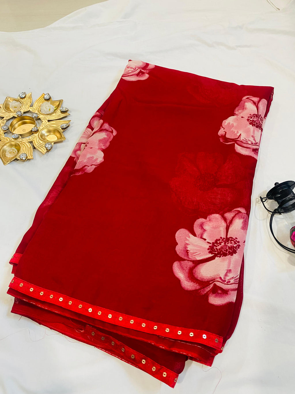 Crimson Red Floral Print Saree with Soft Satin Finish