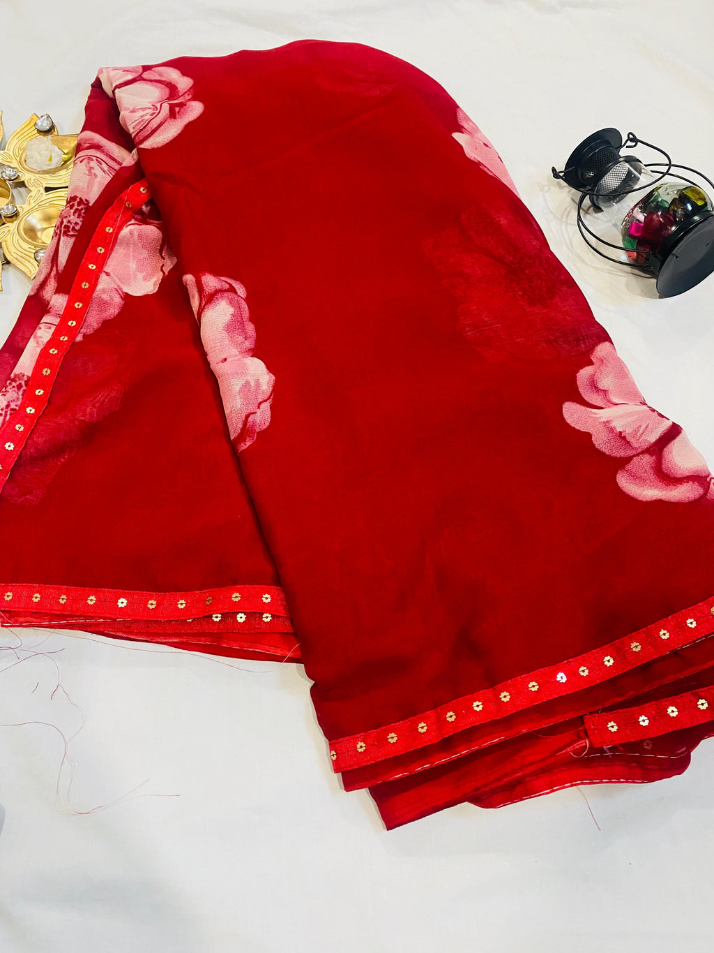Crimson Red Floral Print Saree with Soft Satin Finish
