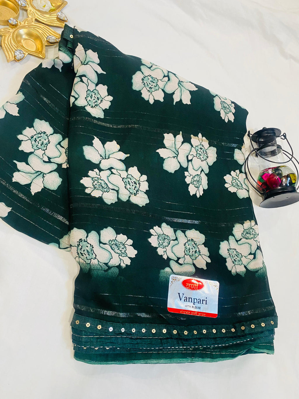 Dark Green Floral Print Saree with Mirror Border Detailing