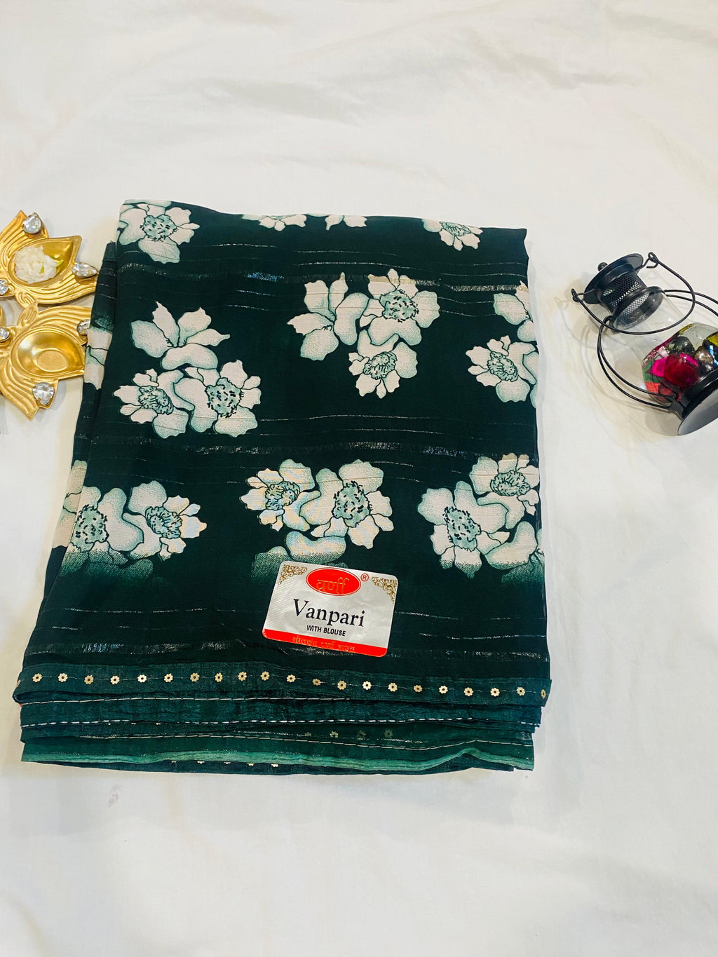 Dark Green Floral Print Saree with Mirror Border Detailing