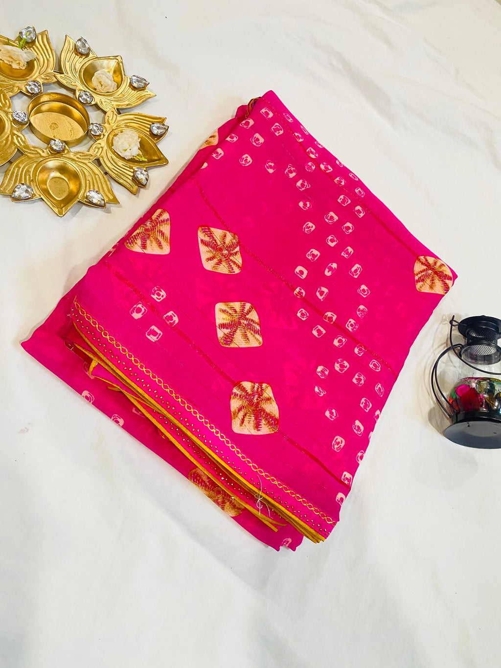 Hot Pink Bandhani Saree with Yellow Mirror Motifs & Gota Border