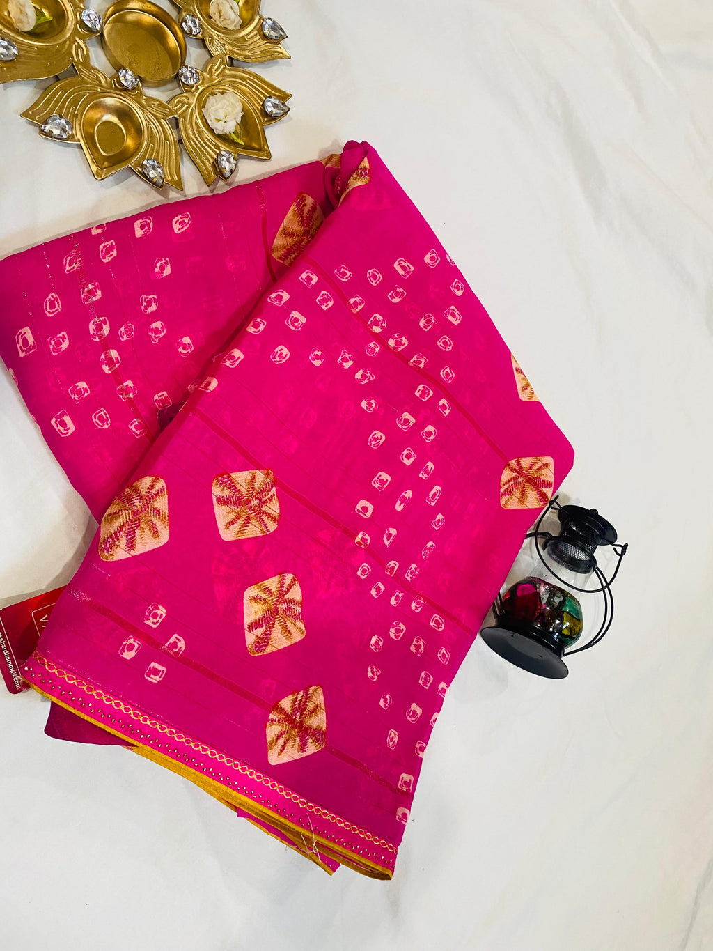 Hot Pink Bandhani Saree with Yellow Mirror Motifs & Gota Border