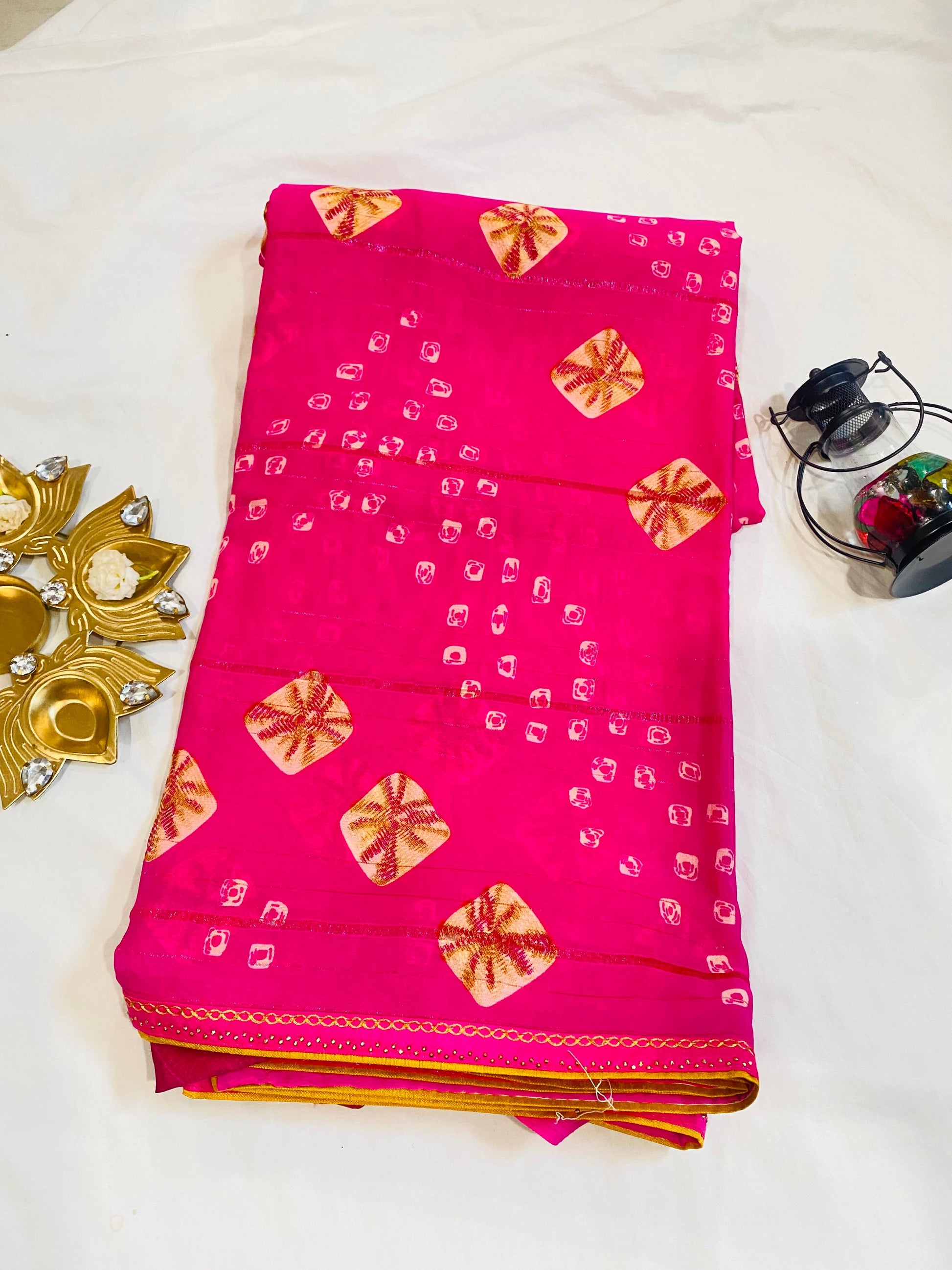 Hot Pink Bandhani Saree with Yellow Mirror Motifs & Gota Border