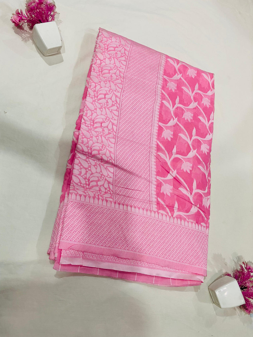 Elegant Pink Floral Chanderi Cotton Saree